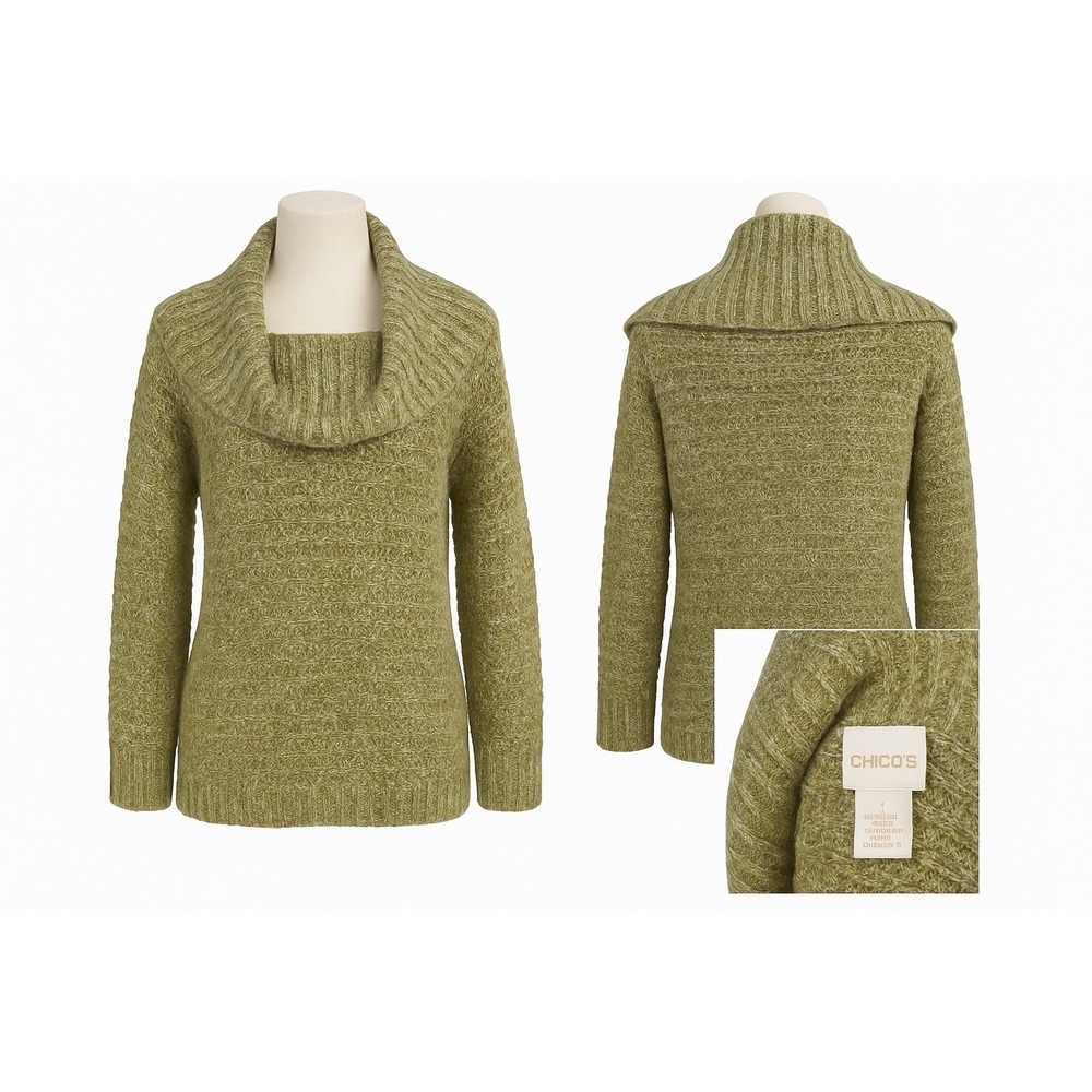 Chico's‎ Size 1 Green Mohair Blend Textured Knit Sweater Metallic Yarn Soft